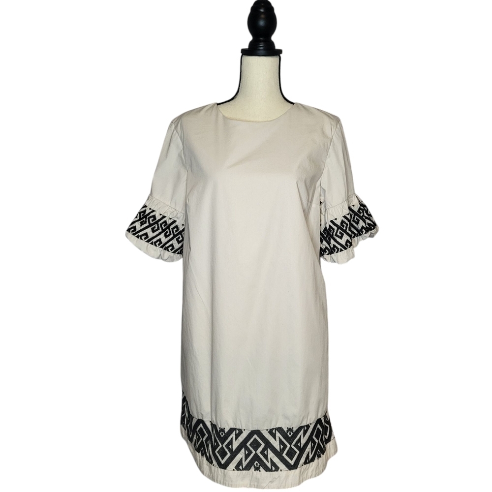 Banana Republic Dress Cream Gray Trim Detail Bubble Sleeve Mini Length Sz M